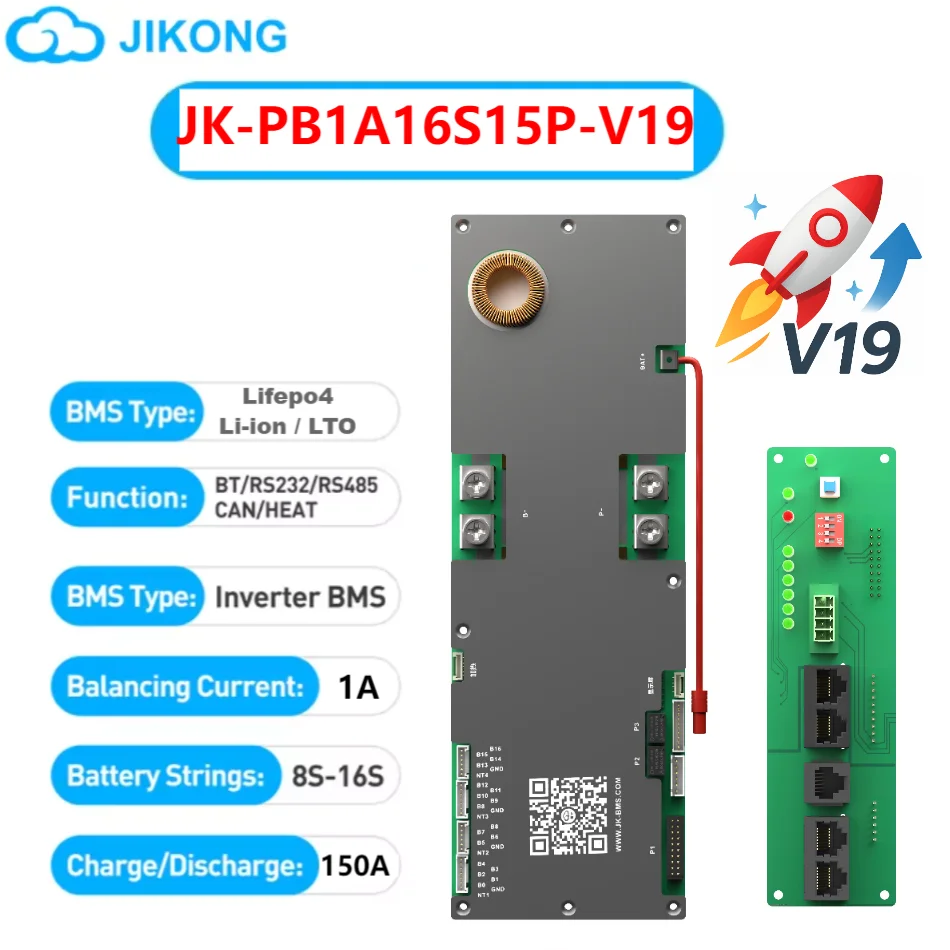 JIKONG Inverter BMS V19 200A 300A Active Balance 1A 2A LiFePo4 Li-Ion LTO Battery 8S 16S 24V 48V JKBMS V19 Home Energy Storage