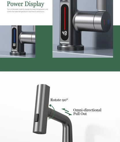 Waterfall Temperature Digital Display Basin Faucet Lift Up Down Stream Sprayer Hot Cold Water Sink Mixer Wash Tap For Bathroom