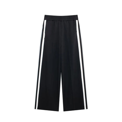 TRAFZA 2024 New Women Casual Black Trousers Suits Sports Short Jacket + Female Vinatge Black White Patchwork Baggy Pants Street