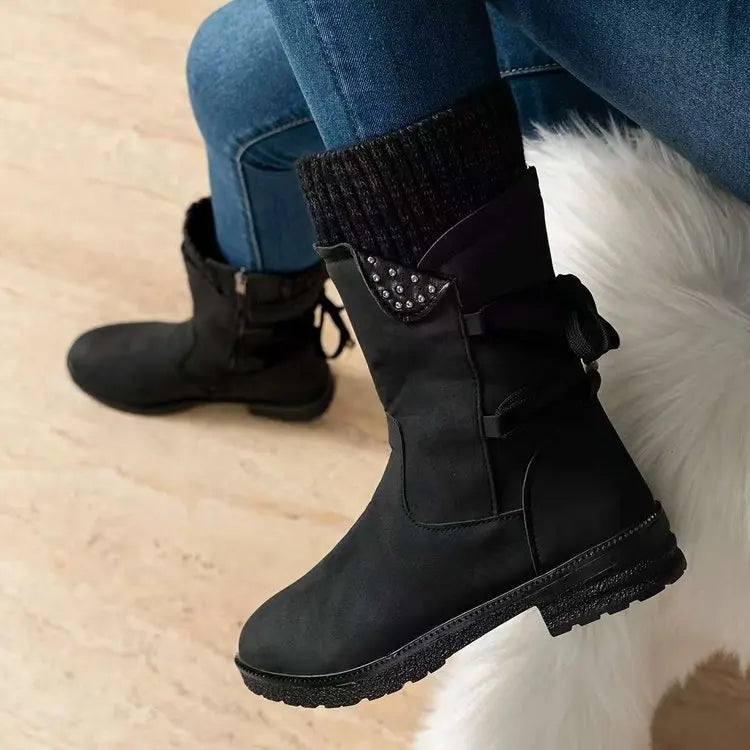 New Women Boots Autumn Winter New Knee High Shoes Large Tube Thick Heel Shoes for Women Strap Pleated Vintage Ankle Boots