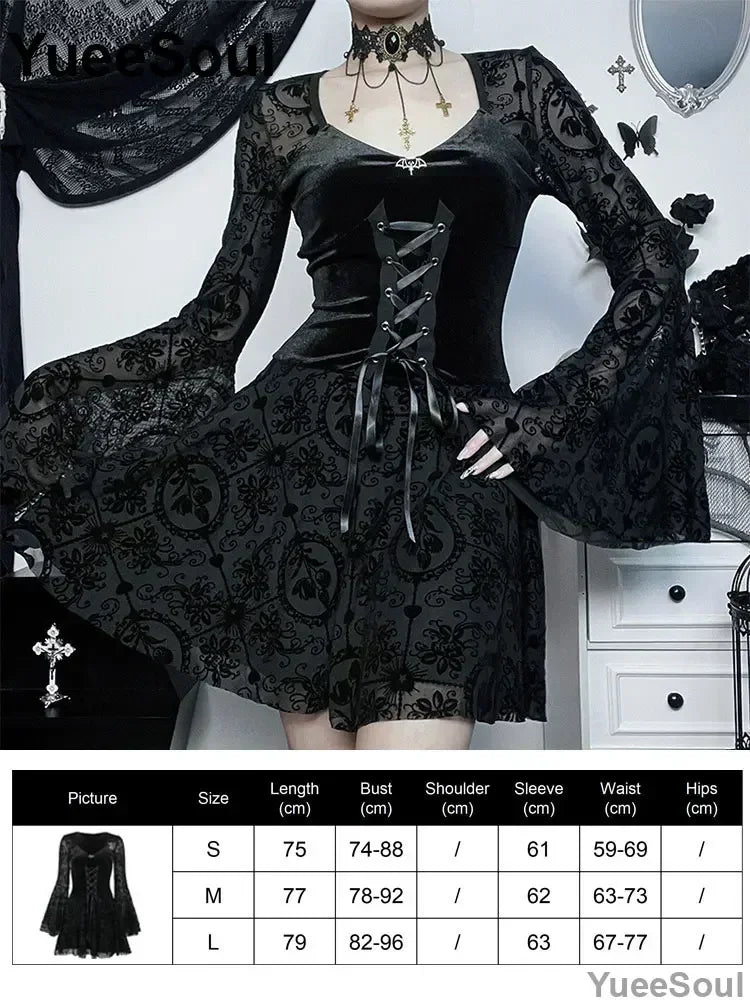 Halloween Gothic Grunge Punk Women Dress Long Sleeve Lace Slim Black Dresses 2025 New Y2K Harajuku Lolita Fairy Core Party Dress
