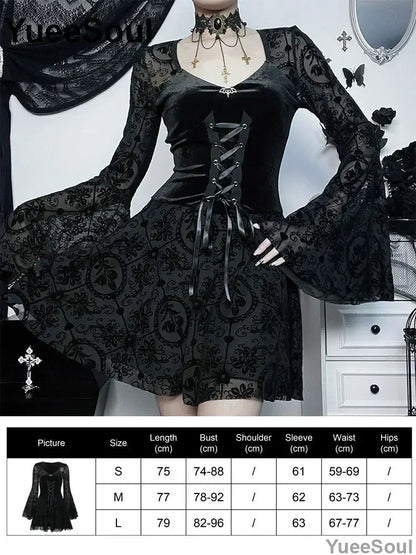 Halloween Gothic Grunge Punk Women Dress Long Sleeve Lace Slim Black Dresses 2025 New Y2K Harajuku Lolita Fairy Core Party Dress