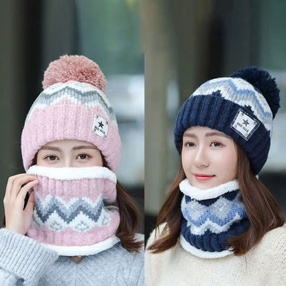 2PCS Winter Women Plush Velvet Hats Neck Warmer Hat Scarf Set Beanies Cycling Windproof Hat Outdoor Ear Protection