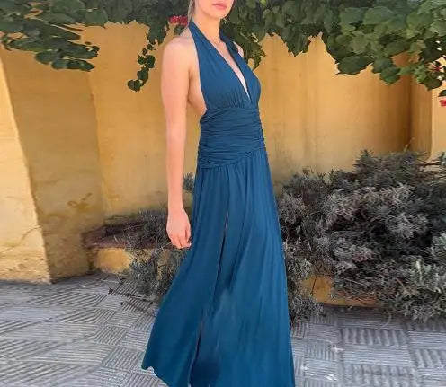 Womens Dresses New Summer Solid Color Halter V-Neck Sexy High Slit Backless Waist Cinching Ruched Casual Long Dress