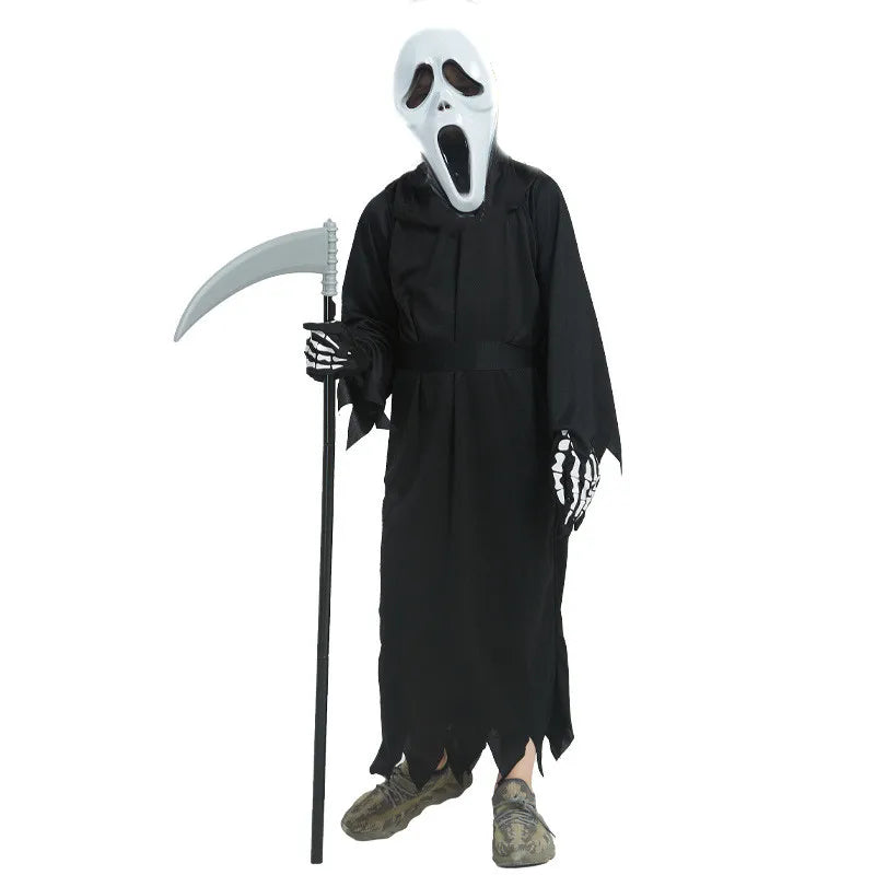 Child Grim Reaper Scary Costume Halloween Scare Mask Set with Removable Scythe Devil Accessory Carnival Role Play Black Robe