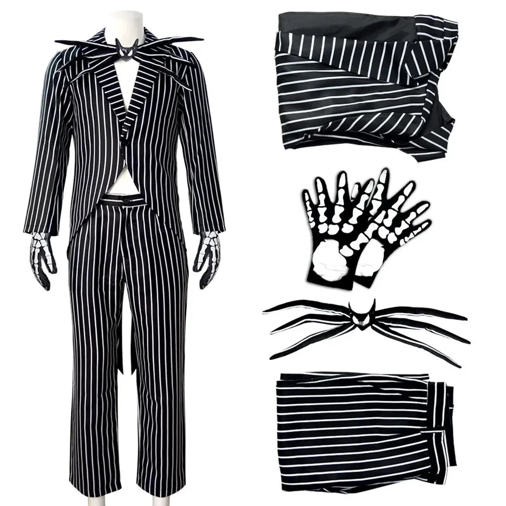 Christmas Eve Costume Jack on Skeleton Men's Women's Full Sally Black and White Stripes Cosplay Halloween