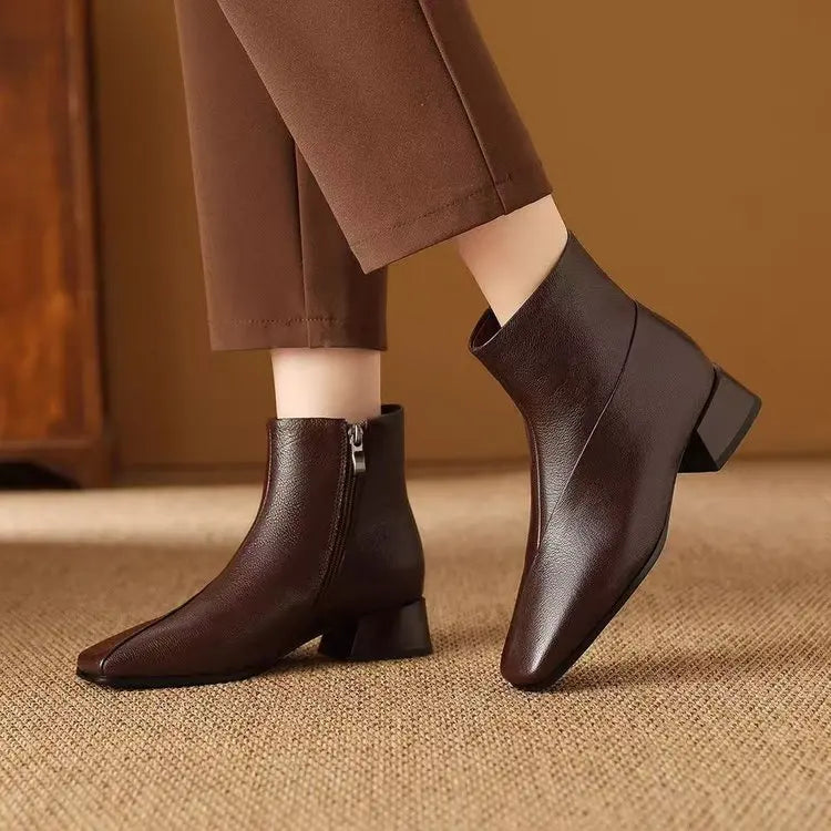 Women's Ankle Boots Genuine Leather Square Toe Chunky Block Heel Side Zipper Mid Calf Booties Fashion Casual Winter Shoes