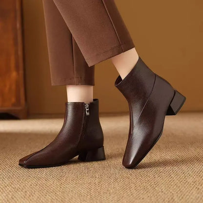 Women's Ankle Boots Genuine Leather Square Toe Chunky Block Heel Side Zipper Mid Calf Booties Fashion Casual Winter Shoes