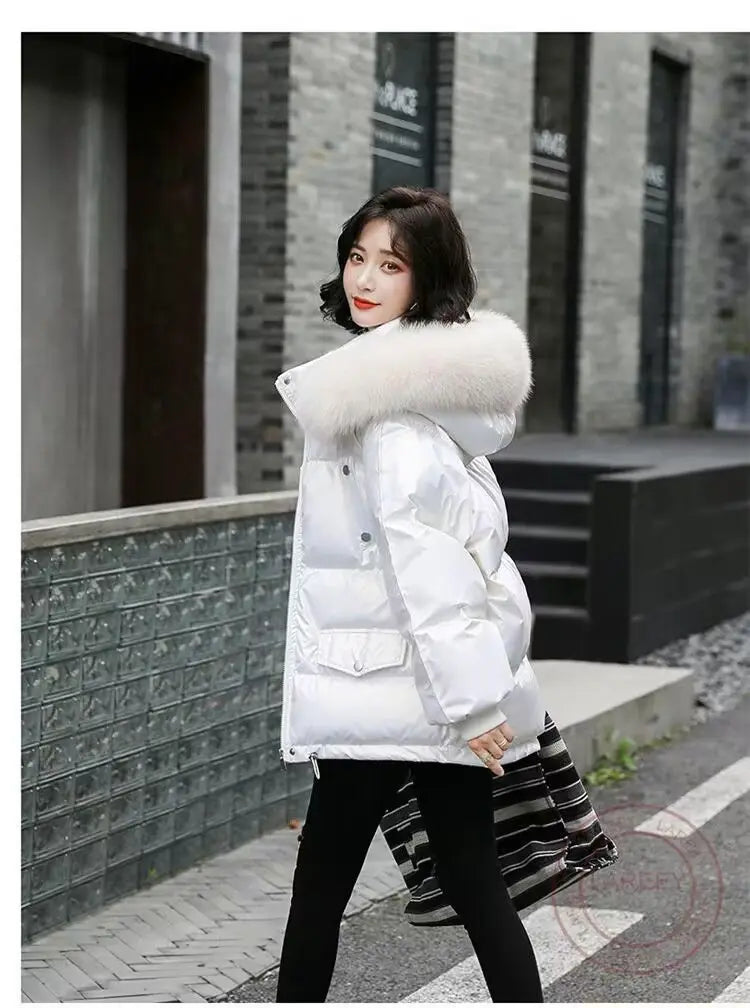 2025 Winter Fashion New Warm Duck Down Jacket Women's Clothes Glossy Fur collar Thicken Parka Short Down Coat Female Trend