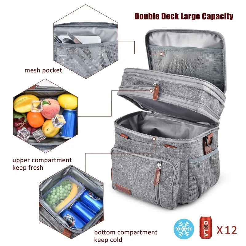 Fashion Double Layer Insulation Bento Lunch Bag Portable Large Capacity Picnic Cooler Ice Pack Waterproof Food Thermal Lunch Box