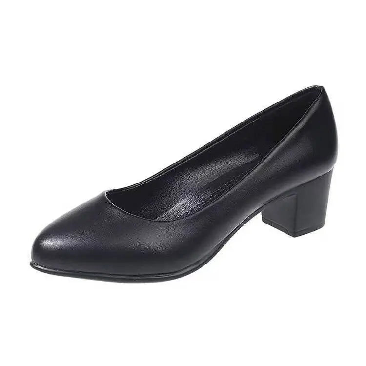 2025 New Arrival Women's Low-Heel Pumps Black Genuine Leather Formal Shoes Slip-On Commuter Comfortable Mid-Heel