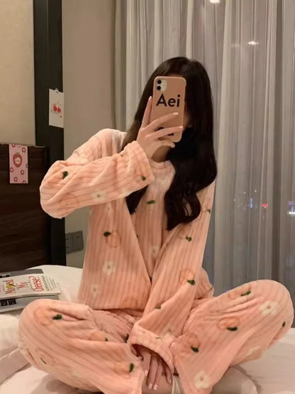 Adorable Sweet Coral Fce Thiened Autumn Winter Spwear Women's Casual Home Clothes Set Long Pants Comfortable Leisure ...