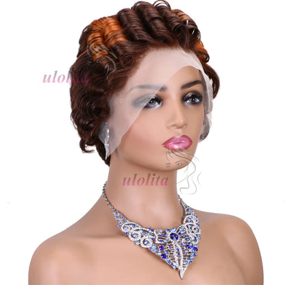 Pixie Cut Wig Short Curly Lace Front Human Hair Wigs For Black Women Raw Indian Finger Wave 13x4 Transparent Lace Frontal Wigs