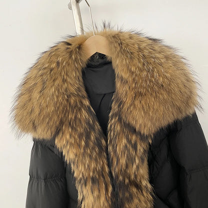 OFTBUY 2025 New Winter Large Real Raccoon Fur Puffer Coat Women Oversized Feather Down Parka Knit Sleeve White Duck Down Jacket