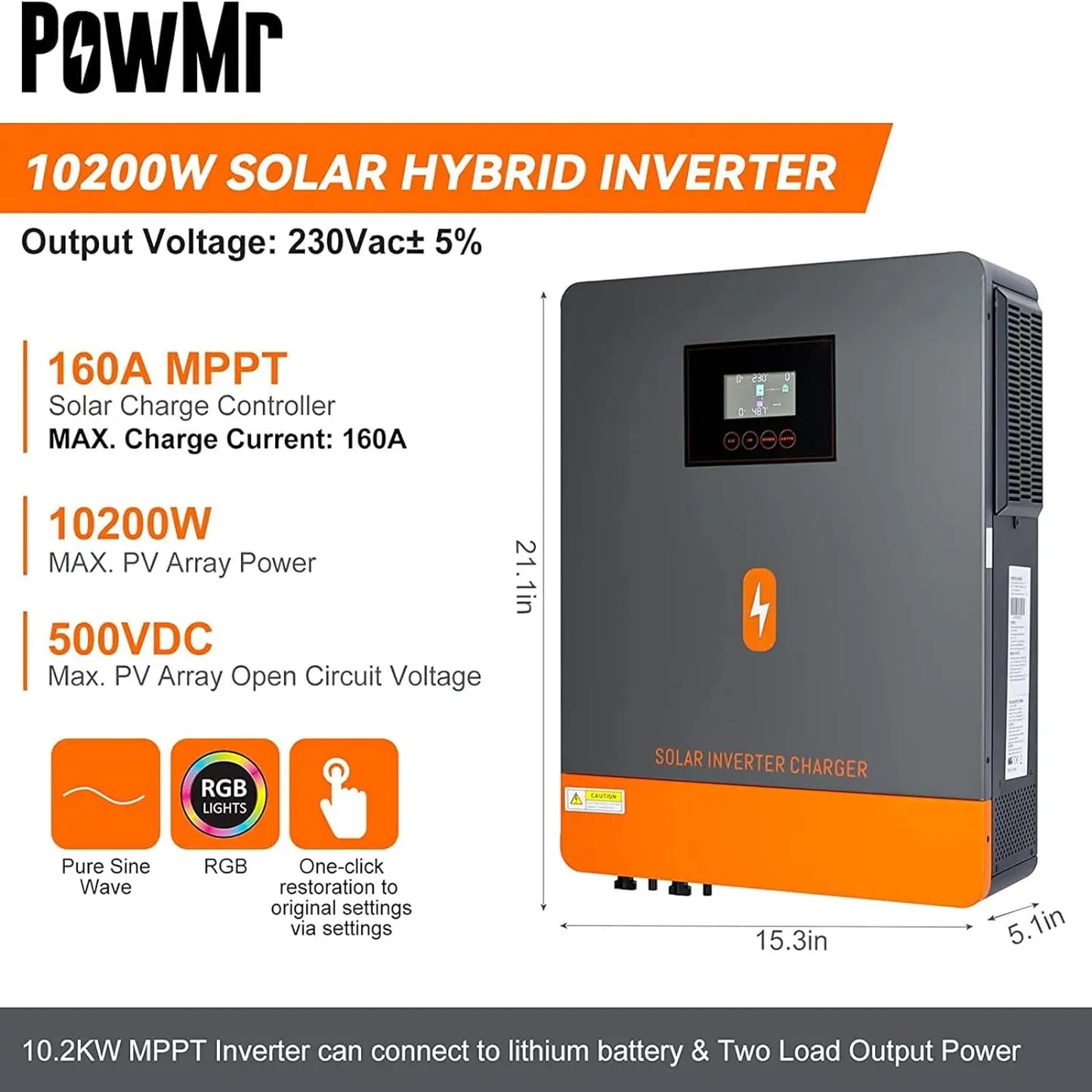 PowMr 10.2KW Hybrid Solar Inverter 48V 230V On Grid Off Grid Pure Sine Wave Inverter Dual Output MPPT 160A Solar Battery Charger