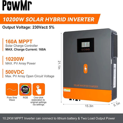PowMr 10.2KW Hybrid Solar Inverter 48V 230V On Grid Off Grid Pure Sine Wave Inverter Dual Output MPPT 160A Solar Battery Charger