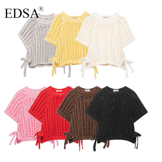 EDSA Women Chunky Knit Top with Side Straps O-Neck Short Sleeves Hollow Out Cropped Sweater Pullover for Casual Female