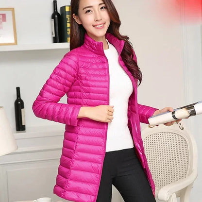 Autumn Winter Women White Duck Down Jacket Female ultra Light Slim Thin Zipper Warm Feather Long Down Coat Good Quality Parkas
