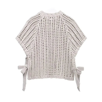 EDSA Women Chunky Knit Top with Side Straps O-Neck Short Sleeves Hollow Out Cropped Sweater Pullover for Casual Female