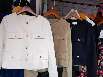 TRAF 2024 Cropped Tweed Jacket Woman Coat Button Long Sleeve Elegant Jackets For Women Short Coats Fashion New In Outerwears