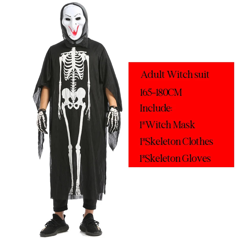 Halloween Scary Skeleton Ghost Cosplay Costume Masks Gloves Costume Suit Masquerade Carnival Horror Clothes for Adults Kids