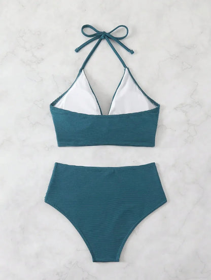 2025 New Sexy High Waist Two-piece Bikini Set Women Solid Halter Swimsuit Summer Tight Cross Push Up Backless Beach Bathing Suit