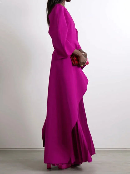 Yeezzi Elegant Solid Color Split-Joint Tiered Pleated Cocktail Dress Long Sleeves O-Neck Party Banquet Maxi Dresses 2025 New