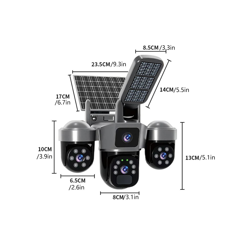 4K HD Solar WiFi Camera Outdoor Waterproof Built-in Battery Three Lens Security Camera Solar Panel Wireless Video Surveillance