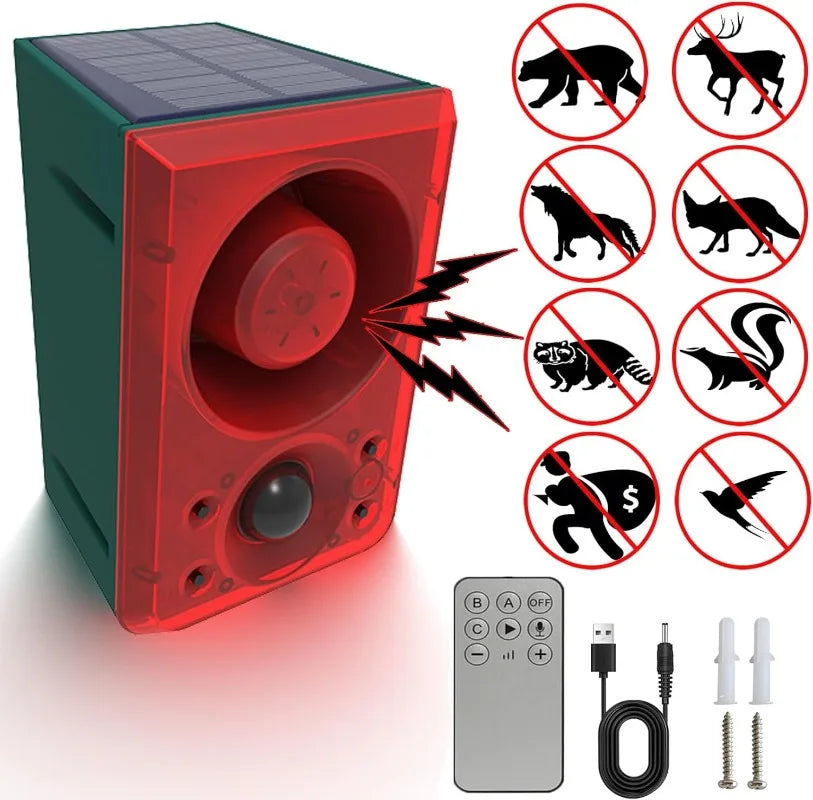 Solar Motion Alarm Lamp 130dB Dog Bark Gunshot Waterproof LED Strobe Light Remote for Garden Farm Chicken Coop Support Recording