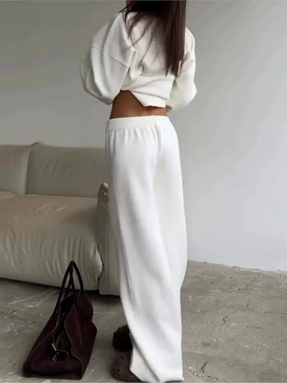 2025 Solid Color Knitted Sweater Two Piece Set Women Fashion Loose O Neck Knitting Pullover Trousers Sets Female Simple Style