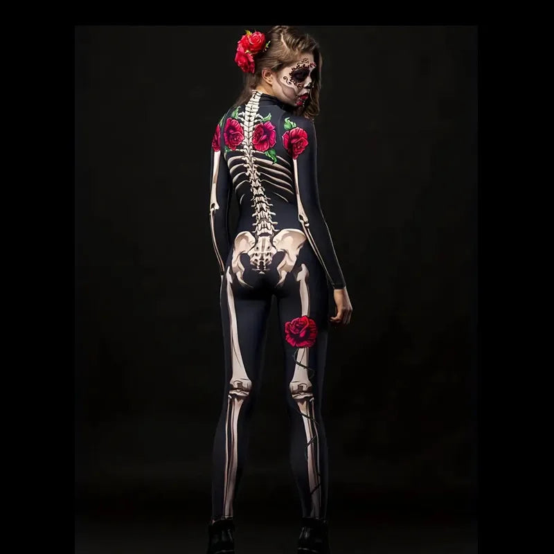 Girls Rose Skeleton Costume Ghost Bride Jumpsuit Halloween Printed Skeleton Dress Up Costume Ladies Scary Cosplay Costume