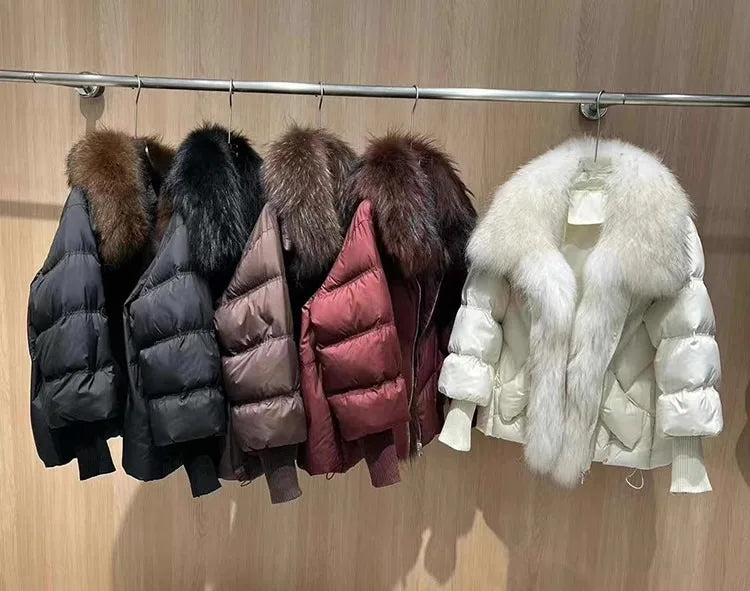 OFTBUY 2025 New Winter Large Real Raccoon Fur Puffer Coat Women Oversized Feather Down Parka Knit Sleeve White Duck Down Jacket