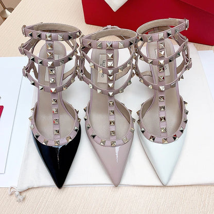 Women's Gladiator sandals Summer Black luxury Woman shoes Rivet High-heeled Three Straps Ankle Fashion Designer Ladies Shoes