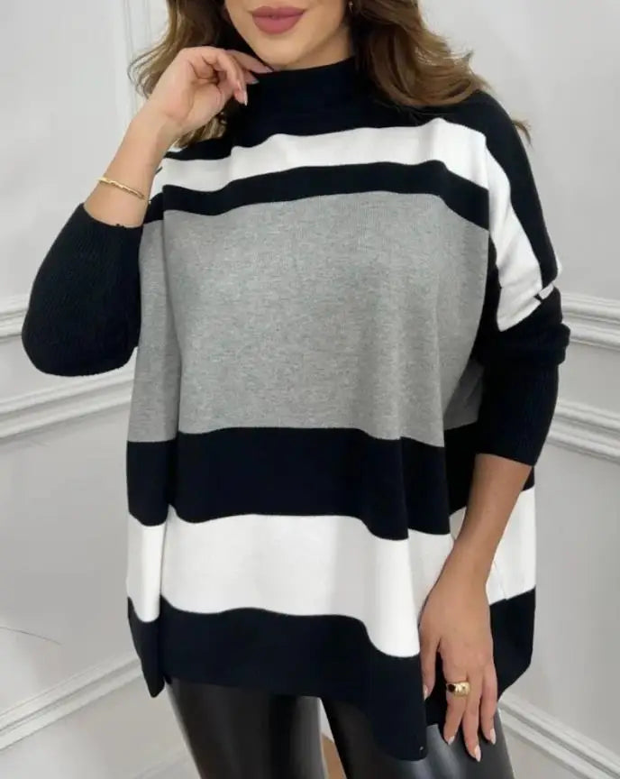 Women's Sweater Spring Autumn New Fashion Striped High Neck Long Sleeve Causal Loose Daily Pullover Sweater