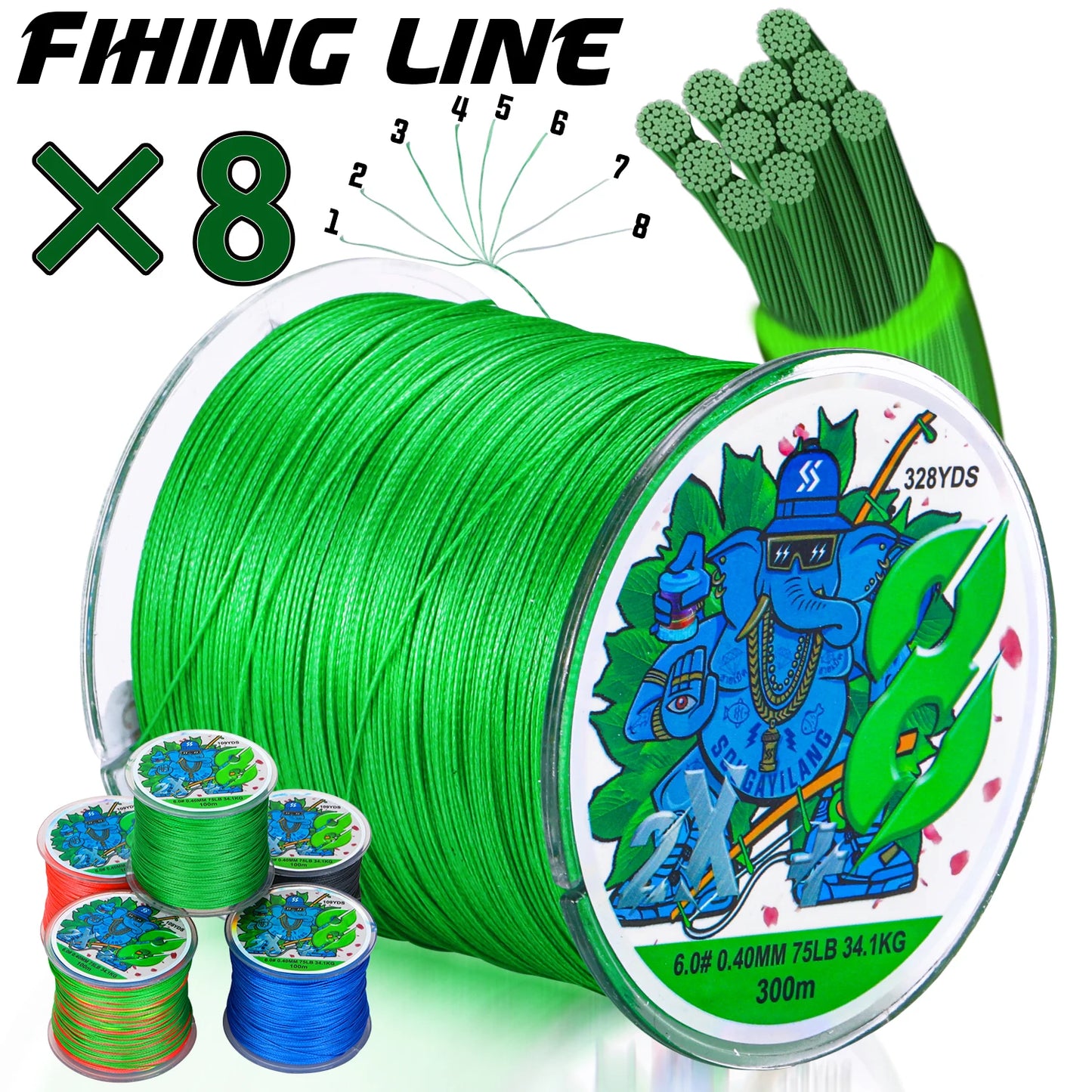 Sougayilang X8 300m Fishing Line 8 Strands Braided Fishing Line Abrasion Resistant Multifilament Carp Fishing Line 16-75LB