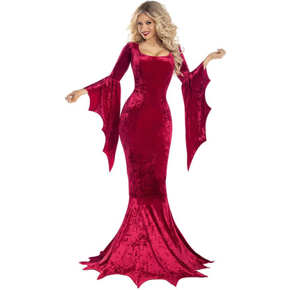 Witchy Costume Morticia Addams Long Train Dress Halloween Terror Dark Outfit Gothic Gown Robe Bat Sleeve Horror For Adult