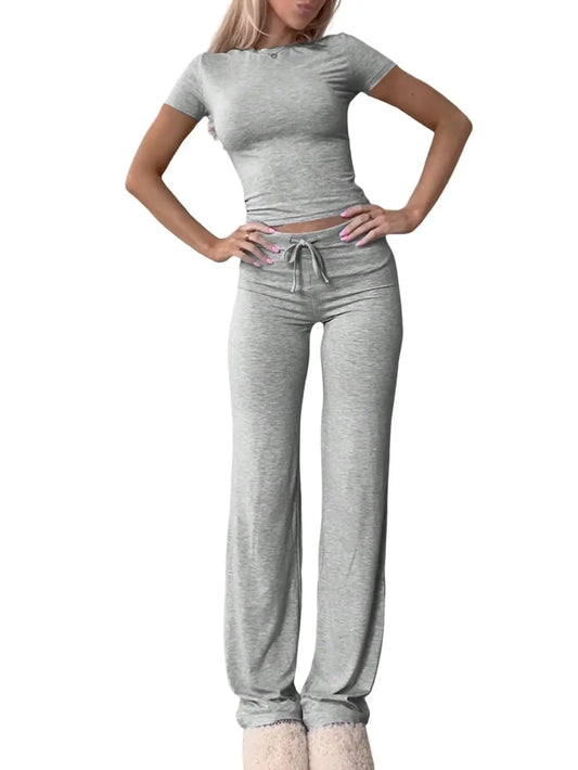 Summer Comfortable Casual Women's Home Sports Set 2025 New Fashionable Solid Color Slim Body Clothes + Trousers Two-piece Set