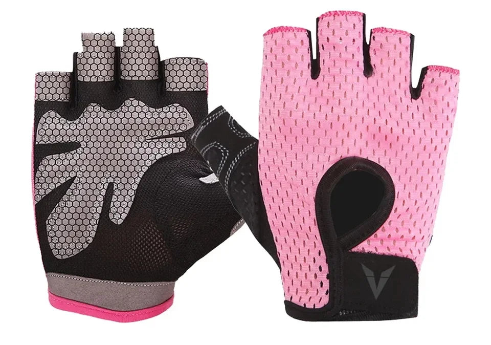 Pink Half Finger Gloves Women Breathable Mesh Non Slip Female Gym Gloves Quick Off Weight Lifting Grip Gloves