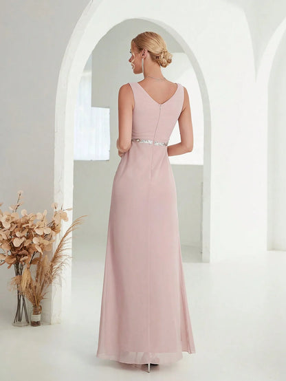 Mgiacy Shoulder deep V-neck silver sequin belt pleated chiffon slit skirt Evening gown Ball dress Party dress Bridesmaid dress