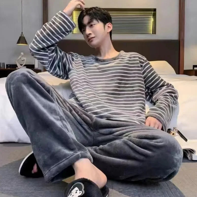 Autumn Winter Oversized Cartoon Print Pajamas for Men Letter Crew Neck New 2025 Men's Pajamas Set Fashion Soft Casual Homewear