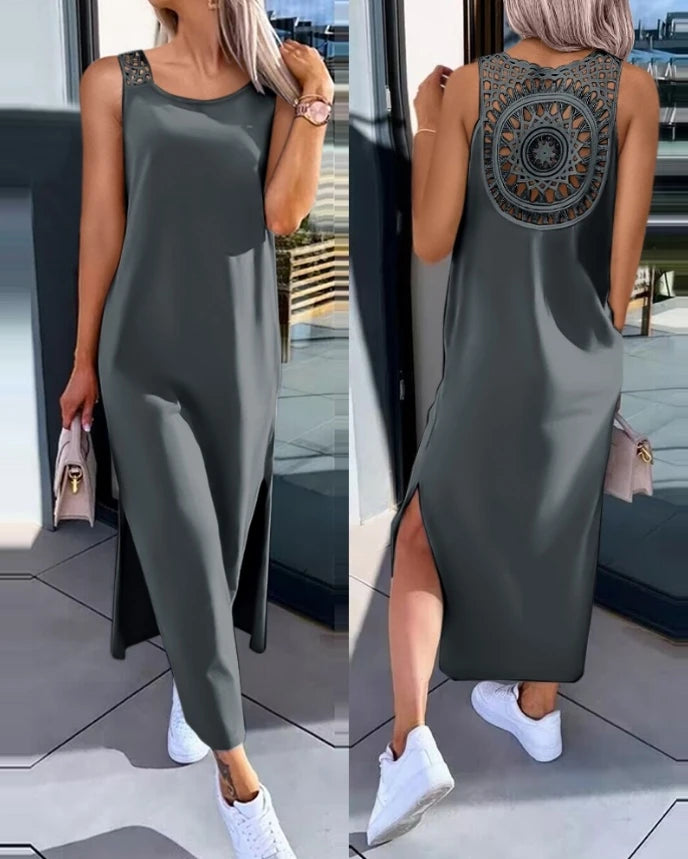 Womens Dresses Summer Fashion Slit Hollow-Out Casual Plain Round Neck Sleeveless Daily Straight Mid-Calf Dress