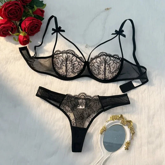 2-piece women's black sexy female lingerie lightweight bow semi transparent lingerie set sexy Lace women's bra and panty set