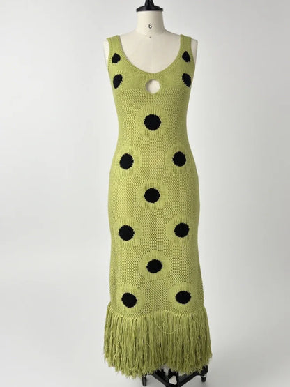 Designed Polka Dot Knitted Long Dress V Neck Hollow Out Fringe Hem Dresses 2025 Summer New Women's Elegant Party Evening Gown