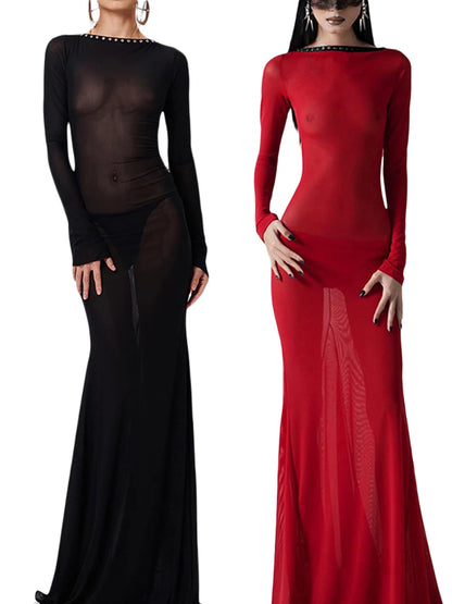 Black Long Sleeve Transparent Lace Dress for Women Sexy Floor-length Evening Dress Slim Party Club Dresses Red Christmas Dress