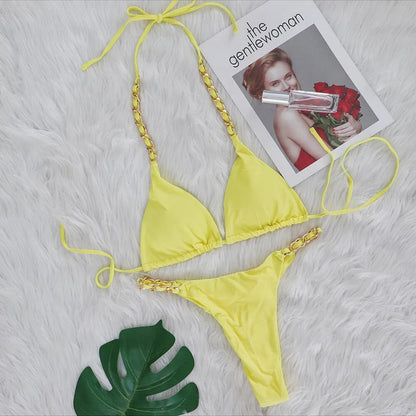 Metal Ring Halter Scrunch Butt Thong Bikini Women Swimwear Female Swimsuit Two-pieces Bikini set Bather Bathing Suit Swim V4391