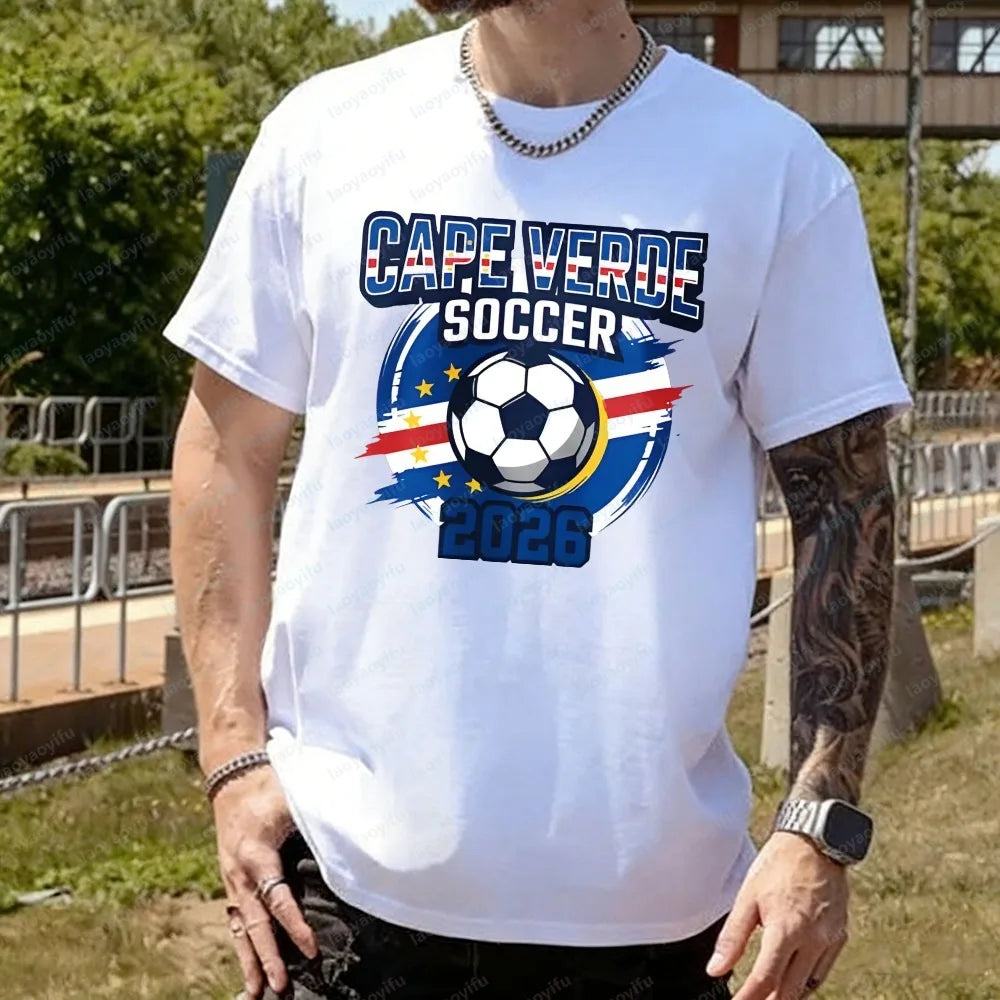 Men's T-Shirt with A Cape Verde 2026 Football Theme Printing Pattern Tshirt Cotton Short-Sleeve Summer Tops Celebration Outfit