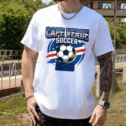 Men's T-Shirt with A Cape Verde 2026 Football Theme Printing Pattern Tshirt Cotton Short-Sleeve Summer Tops Celebration Outfit