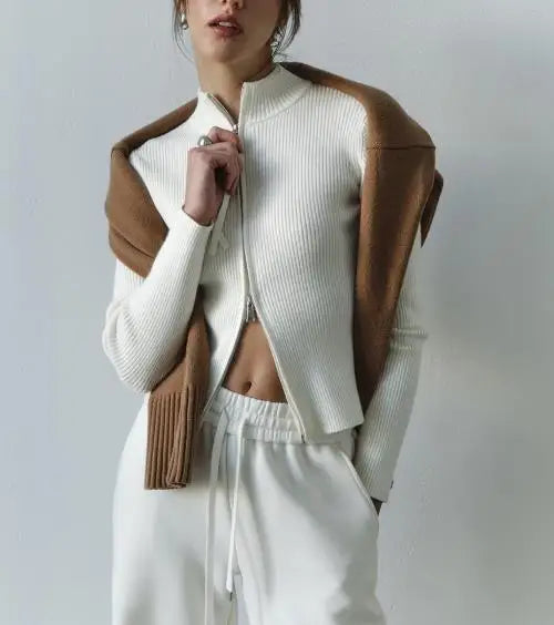 Women's Sweater Spring Autumn New Solid Color Stand Collar Slim Fit Long Sleeved Double Zipper Casual Knit Sweater Jacket