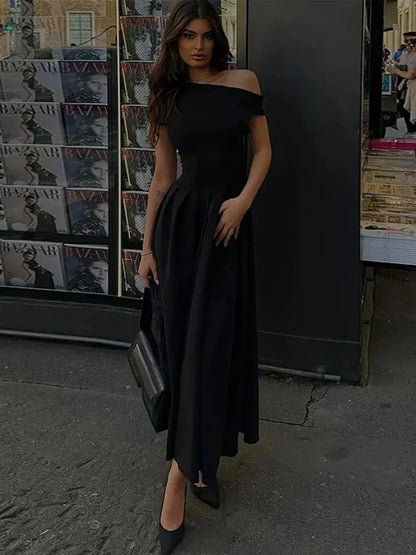 Summer Lady Patchwork Pleated Maxi Dress Chic Elegant Black Half-turtleneck Short Sleeve High Waist Dresses Office Street Robes