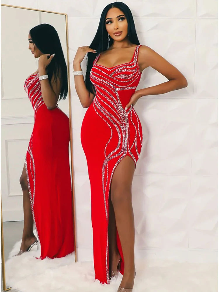 HBLL Women Dresses for Special Occasions Sexy Rhinestone Cocktail Floor Length Long Maxi Dress Evening Party Birthday Dresses